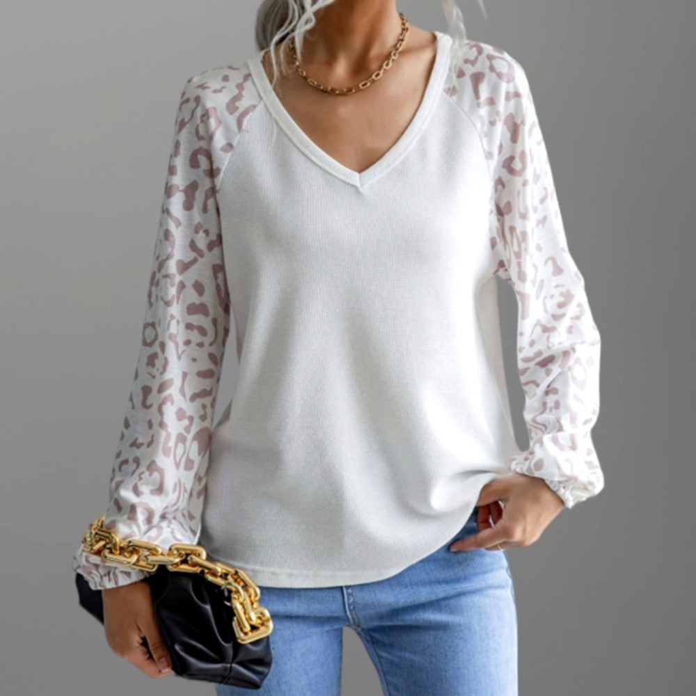 ANNA KACI Leopard Print Sleeve Waffle Knit Top ~ NWT